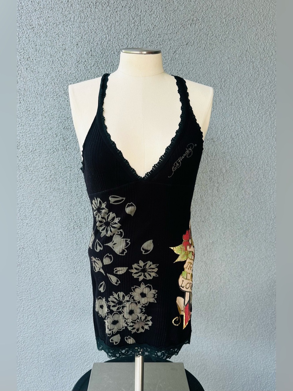 Ed Hardy Christian Audigier Y2K Black Floral Lace Tank Top L